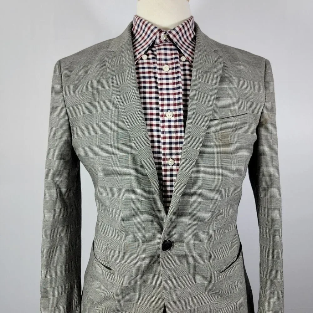 H&M Men's Sport Coat Blazer One Button Gray Plaid Polyester Blend Skinny Fit 40R